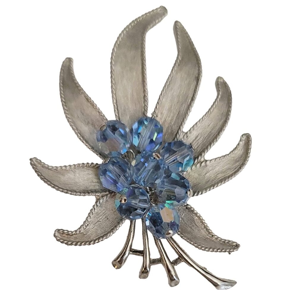 Parco Vintage Silver Tone Blue Faceted Bead Crystal Leaf Brooch, Signed
